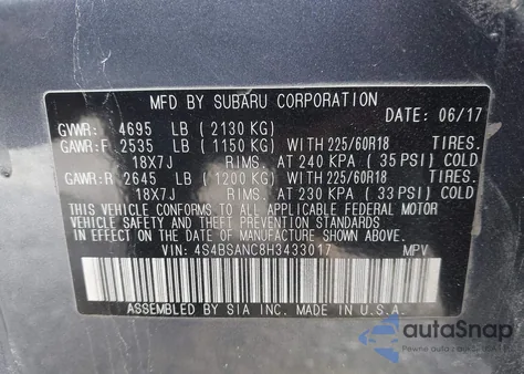 2017 Subaru Outback 2.5I Limited z USA, uszkodzony, nr VIN 4S4BSANC8H3433017